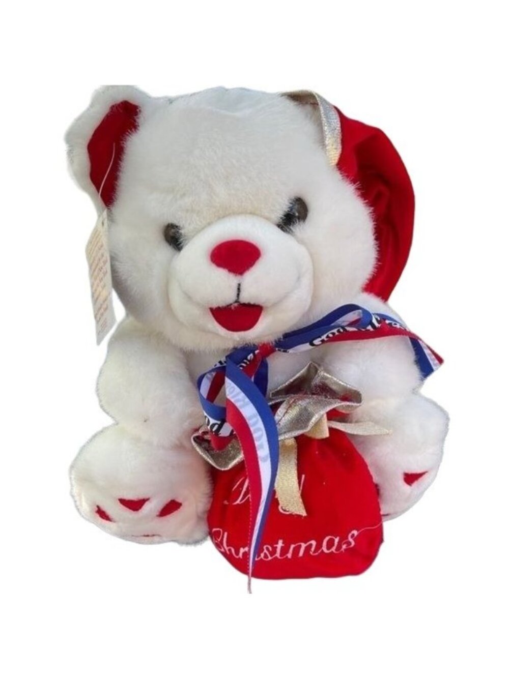 Vintage Santa Teddy Bear White Merry Christmas Bag God Bless America NWT